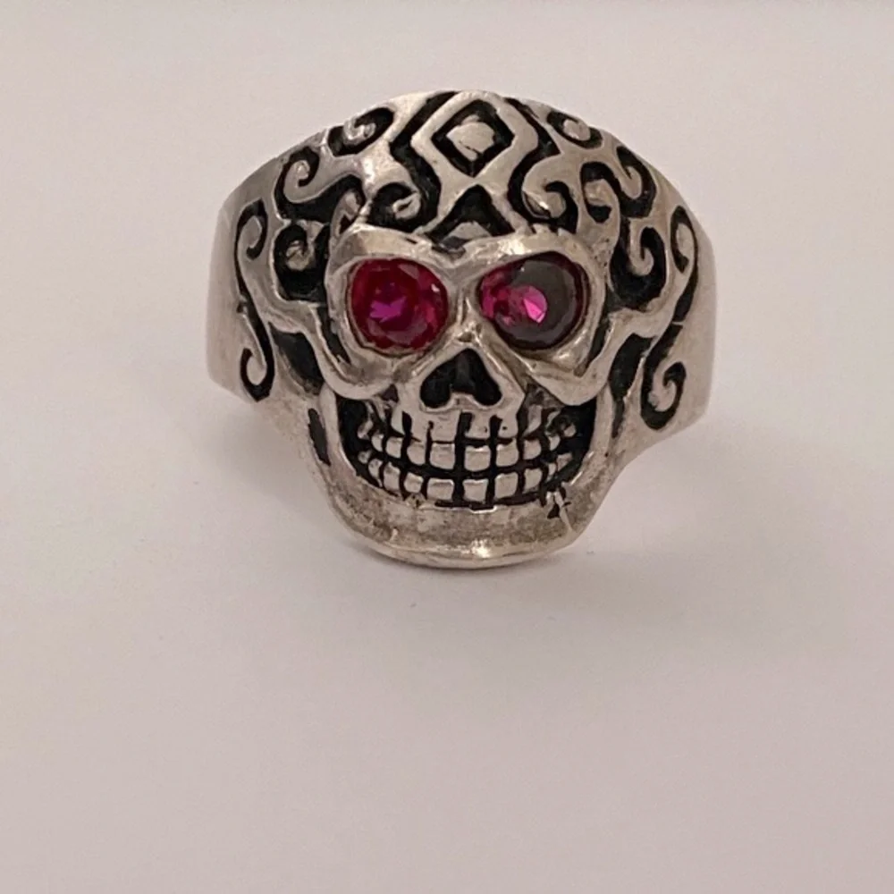 925 sterling silver biker skull ring red cz stone